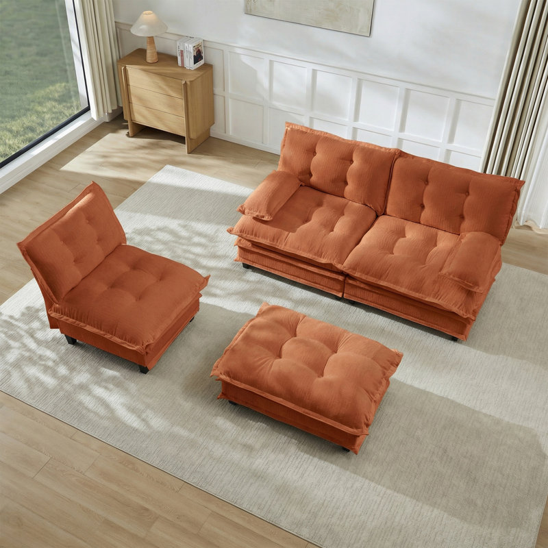 107 Inch L Shaped Modular Sectional Sofa With Ottoman, Chenille Deep Seat And Comfy Lattice Cushion For Modern Living, Orange