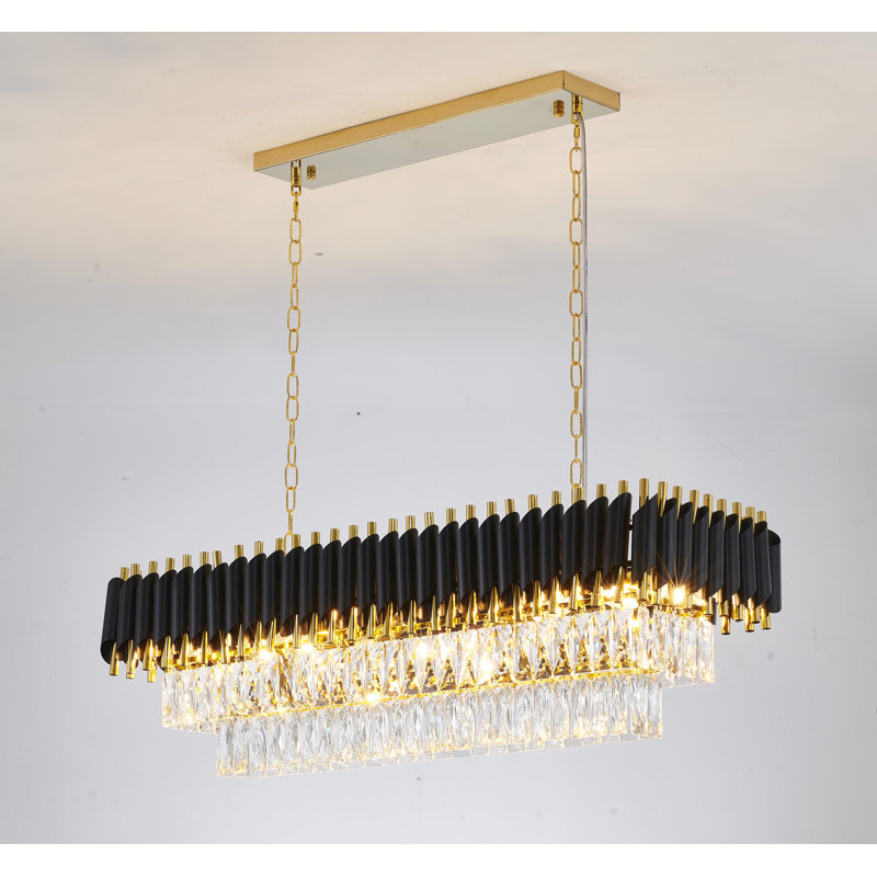 Lustre rectangulaire moderne en cristal doré et noir à 12 lumières, Noir / or