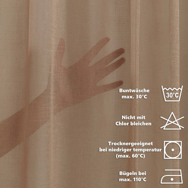 Extra Long & Extra Wide Faux Linen Sheer Curtain Single Panel, 140cm Width x 265cm Drop, Light Brown