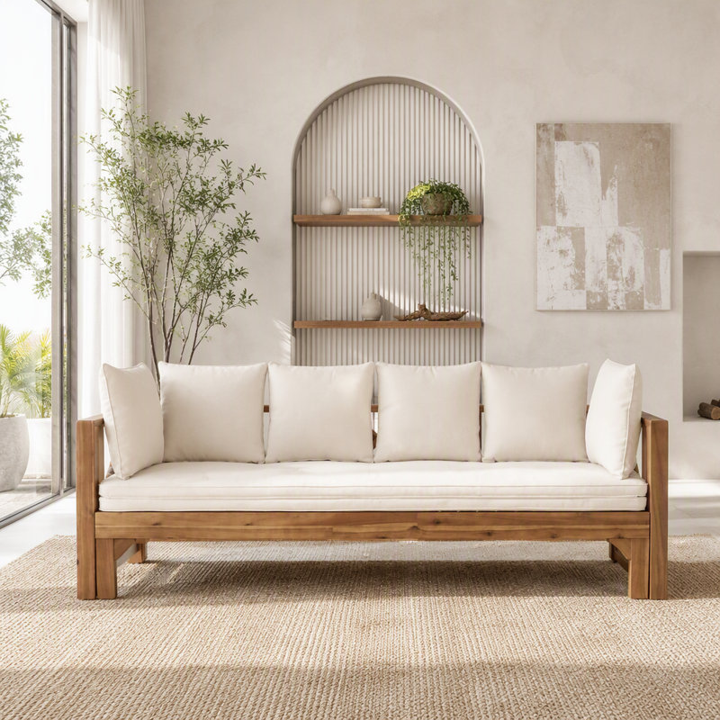 Canapé d'extérieur d'extérieur en bois d'acacia, Tissu blanc
