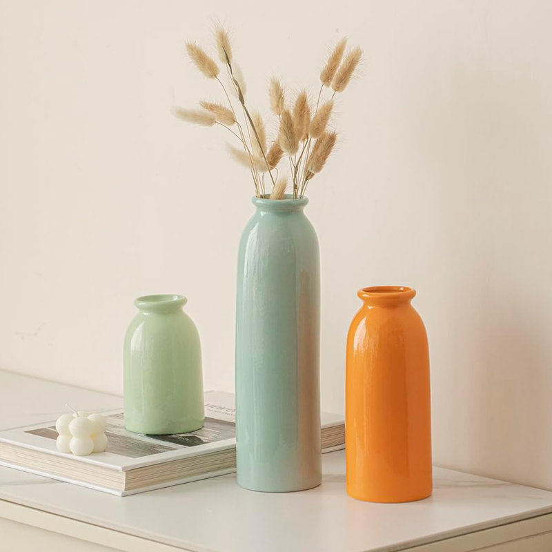 10.4 Inches Tall Decorative Ceramic Vase Set, 3 Pieces, Nordic Modern Boho Style, For Home Decor, Green/Orange