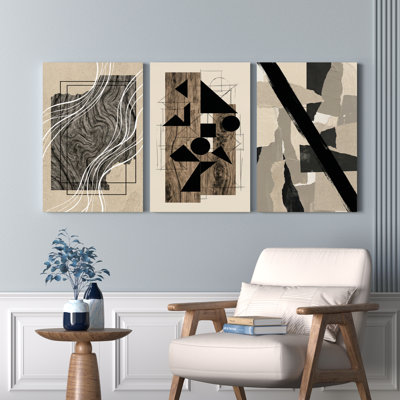 Ensemble de 3 tableaux abstraits géométriques et à motif de grain de bois sur toile tendue, pour une décoration moderne de salon, chambre ou bureau.
