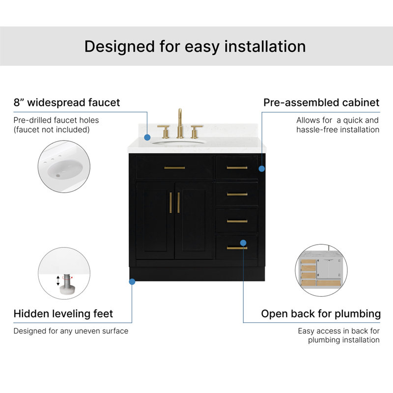 Meuble-lavabo simple en bois massif 36 po Tidworth avec plateau en quartz Carrara de 1,5 po, Gauche, Ovale, Chêne noir
