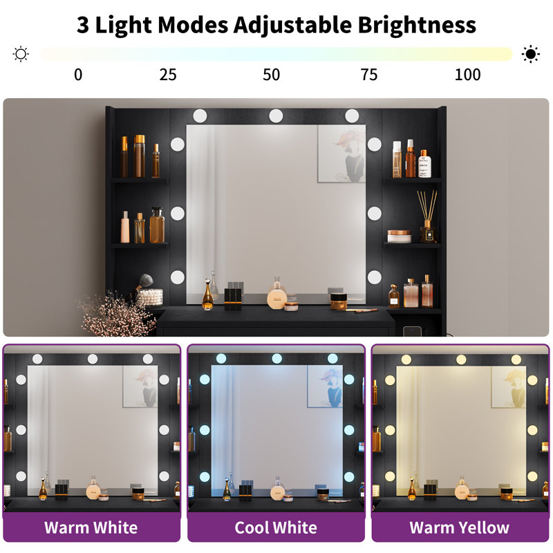 Venette Vanity with Built-In Outlets and Lighted Mirror, Black