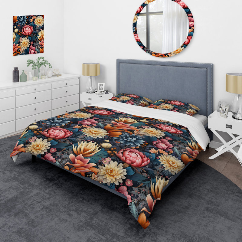 Ensemble de housse de couette éclectique à motif floral kaléidoscope rose et bleu éclectique