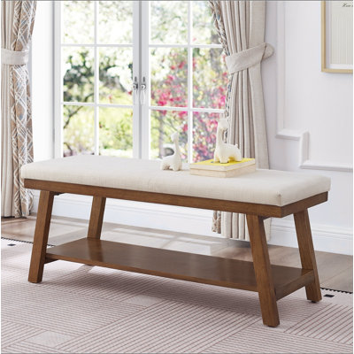 Banc rembourré en lin avec tablette de rangement - capacité de 350 lb, banc de bout de lit moderne avec siège rembourré pour chambre à coucher, vestibule ou salon