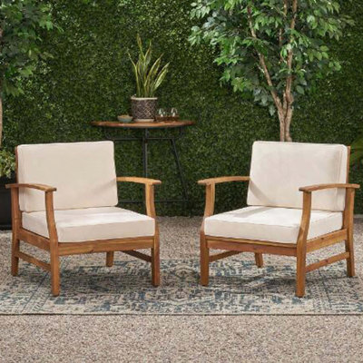 Chaises club en bois d'acacia avec coussins, ensemble de 2