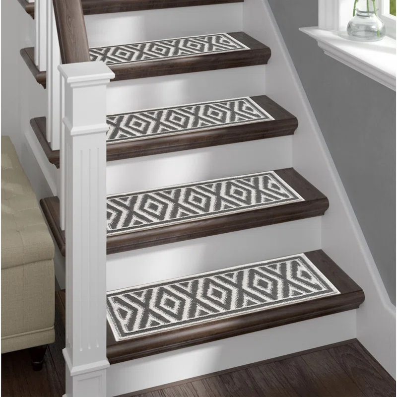 Sofihas White/Gray Diamond Shag Stair Rugs - Machine Washable with Non-Slip Rubber Backing, 15 Pack