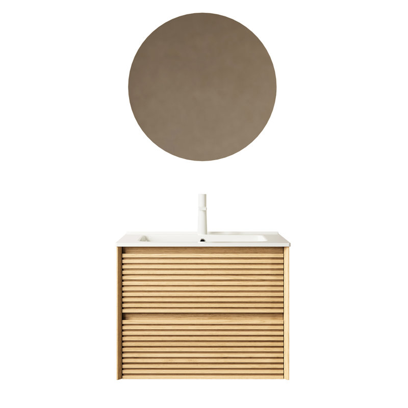 Meuble-lavabo de salle de bain, armoire en contreplaqué de 24 po avec lavabo, lavabo en céramique blanche, teinte chêne, tiroirs, lavabo à installation facile, contreplaqué, lueur, procédure d'assemblage simple