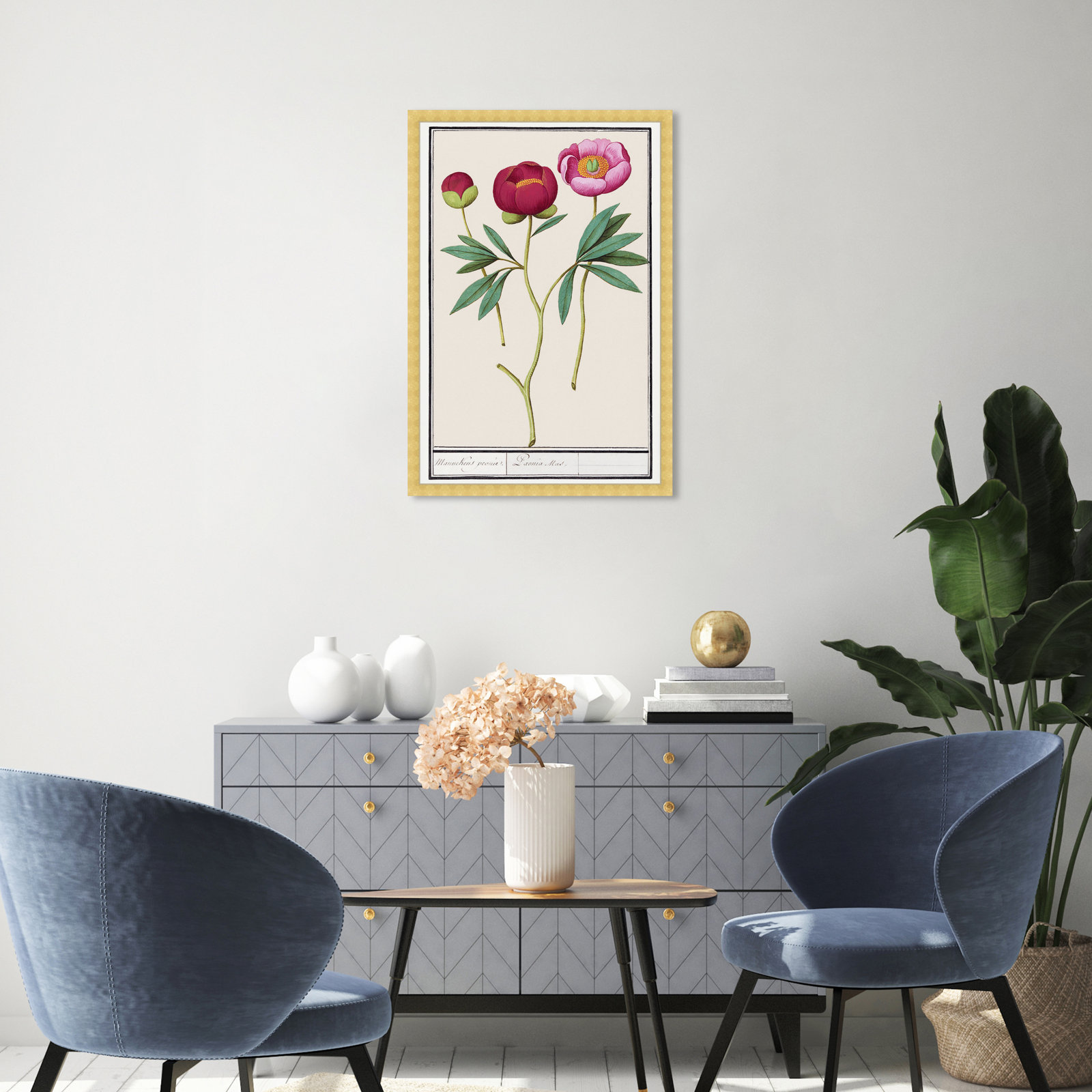 Red and Pink Peony Botanical Study Print, 32" H x 22" W, Gold