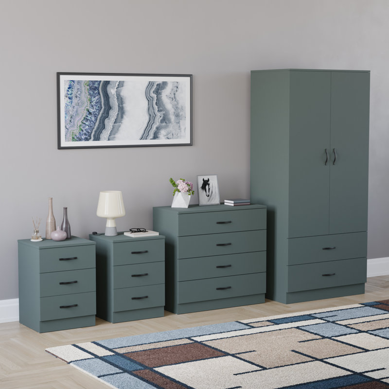 Tayce 4 Piece Bedroom Set (3 Drawer Bedside Chest X2, 5 Drawer Chest, 2 Door 2 Drawer Wardrobe), Green