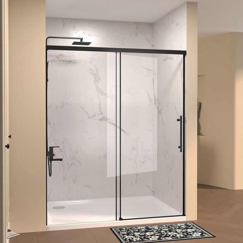 Porte de douche coulissante simple l 60 po x H 72 po, verre fixe de 5 mm et verre coulissant de 6 mm sans cadre, verre trempé transparent, poignée en acier inoxydable, noir mat