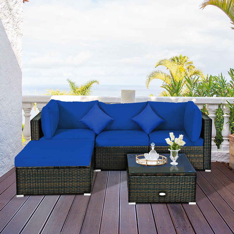 Ensemble de conversation modulaire en rotin 5 pièces avec coussins Eckfried, Bleu marine