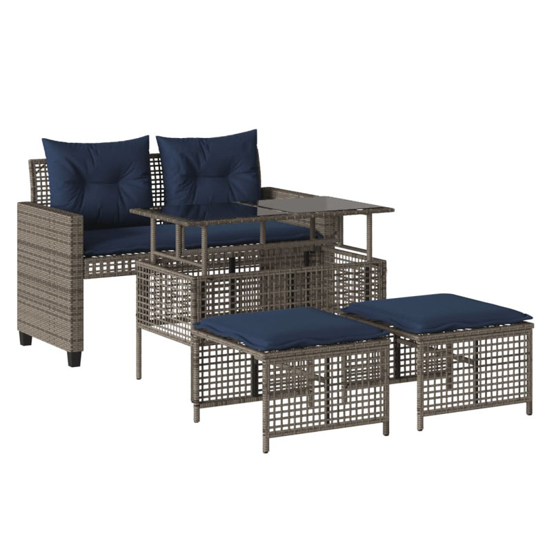 Ebern Designs 4 Piece Patio Sofa Set With Cushions Poly Rattan Glass, Gray, Navy Blue