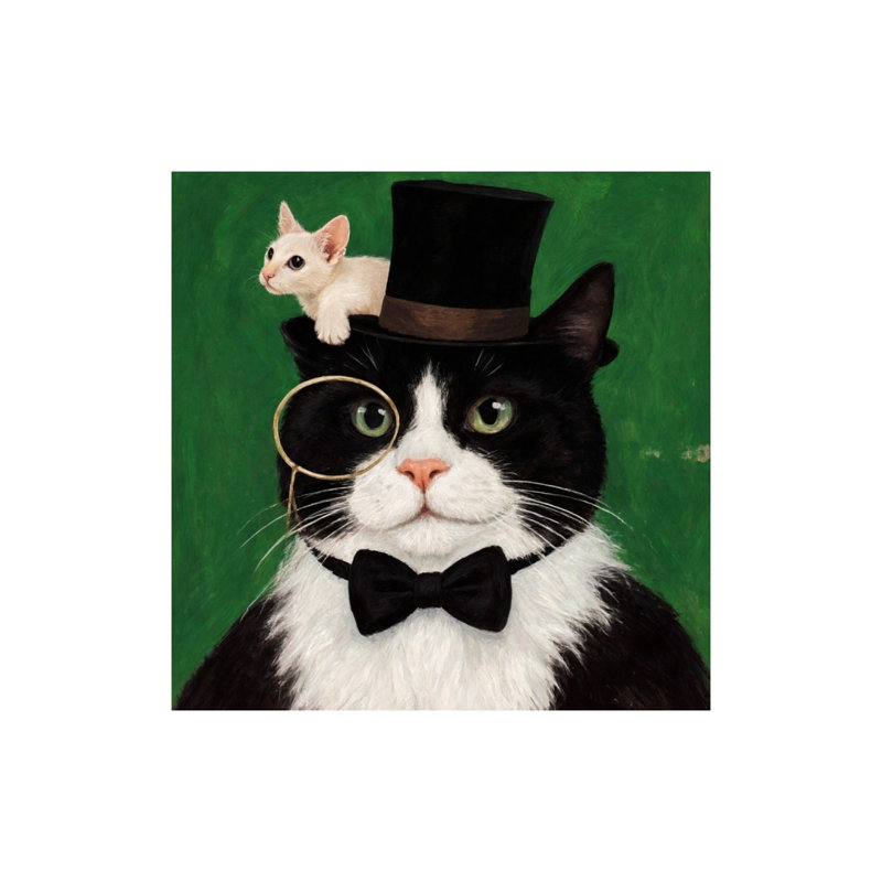 Chat avec chapeau haut de forme et chaton, art mural sans cadre, 16 x 16