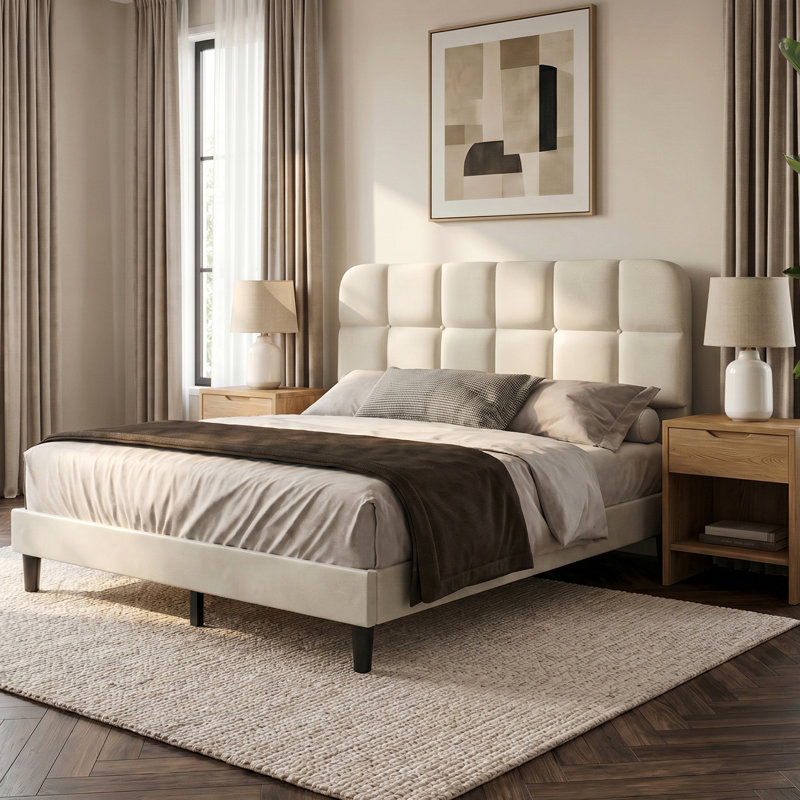 Upholstered Platform Bed Frame with Soft Cloud Headboard, Beige Velve, Kingsize (5')