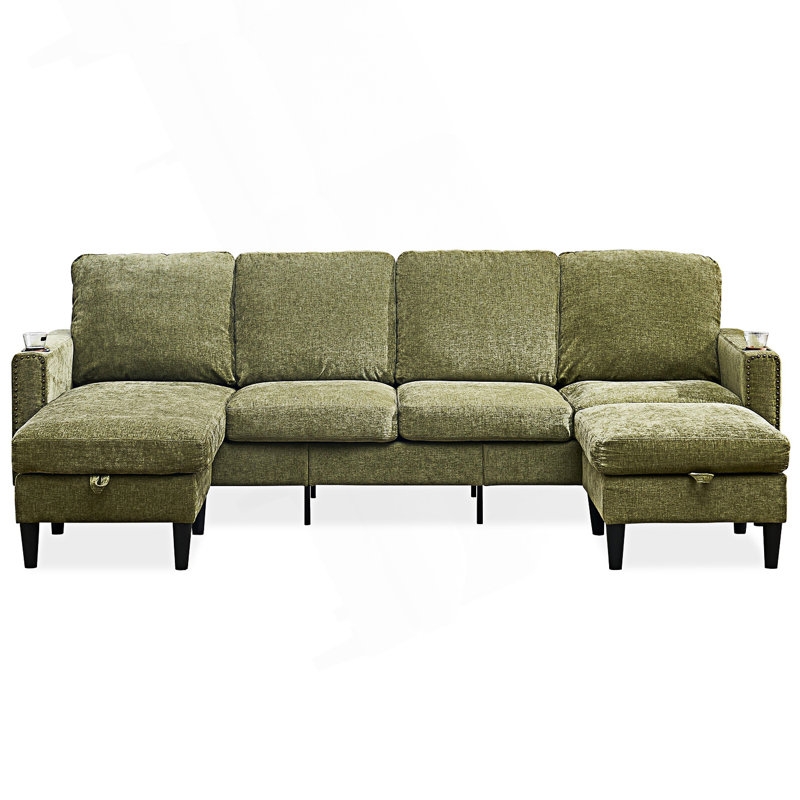 4 Seat Comfy Modular Sofa Couch, Green Chenille