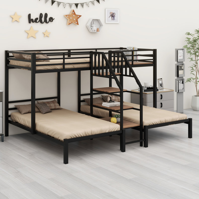 Metal Triple Bunk Bed With Storage Shelves Staircase, Black