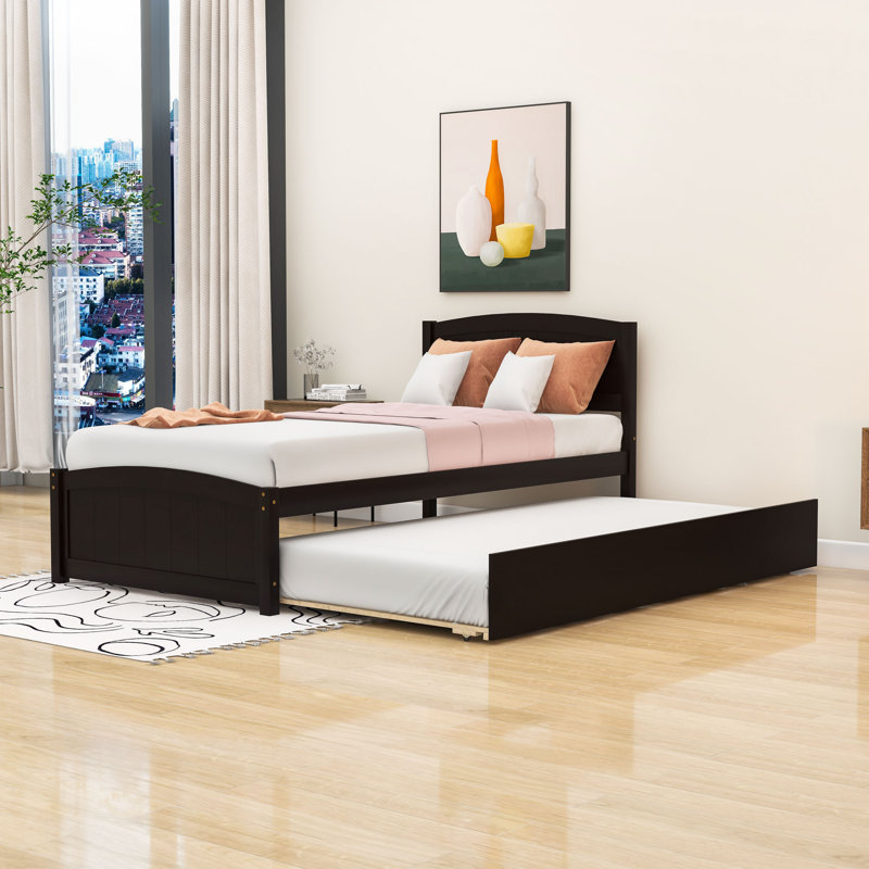 Lit plateforme simple en bois avec lit gigogne simple, Espresso