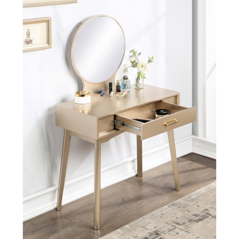 Contemporary Gold Vanity - With Stool, Mirror And Storage Feature Modern Stool , Wood Frame With Drawer For Photography, Gold
