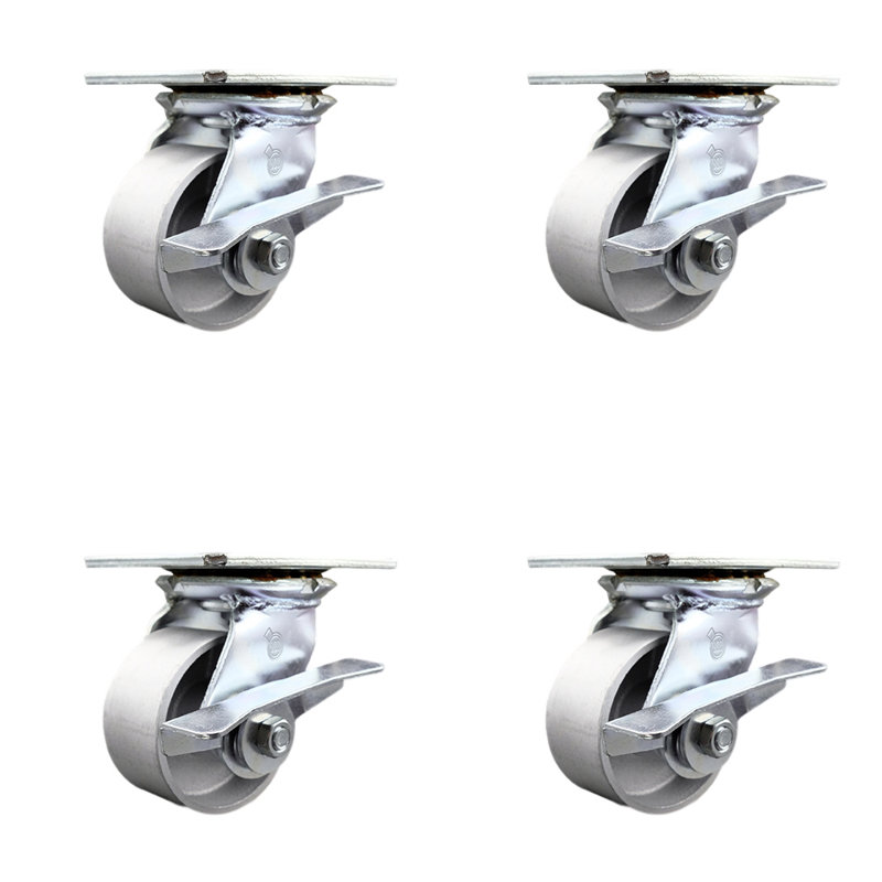 4 Inch Heavy Duty Semi Steel Caster Set with Ball Bearings and Brakes SCC