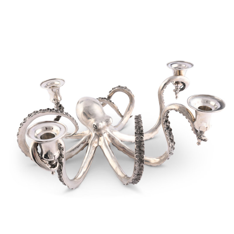 Silver Pewter Octopus Embossed Candelabra