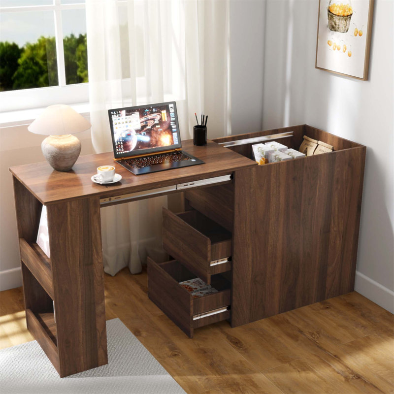Bureau d'ordinateur de coin moderne avec table extensible et tiroirs, parfait pour le bureau à domicile et le bureau
