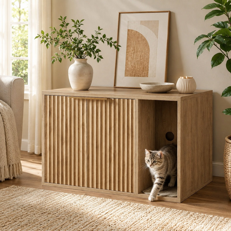 Armoire de rangement moderne et dissimulée avec lit à griffer intégré et passage réversible; table d'appoint multifonctionnelle pour la maison et l'animal.