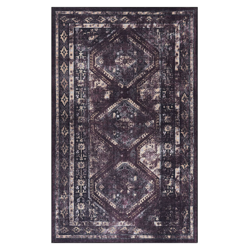Non-Slip 3X5 Area Rug, Washable Low-Pile Non-Shedding For Kitchen, Bedroom, Living Room, Dining Room. & Pet Enchanting, Foldable, Soft Carpet  Black+Burgundy Alluring,