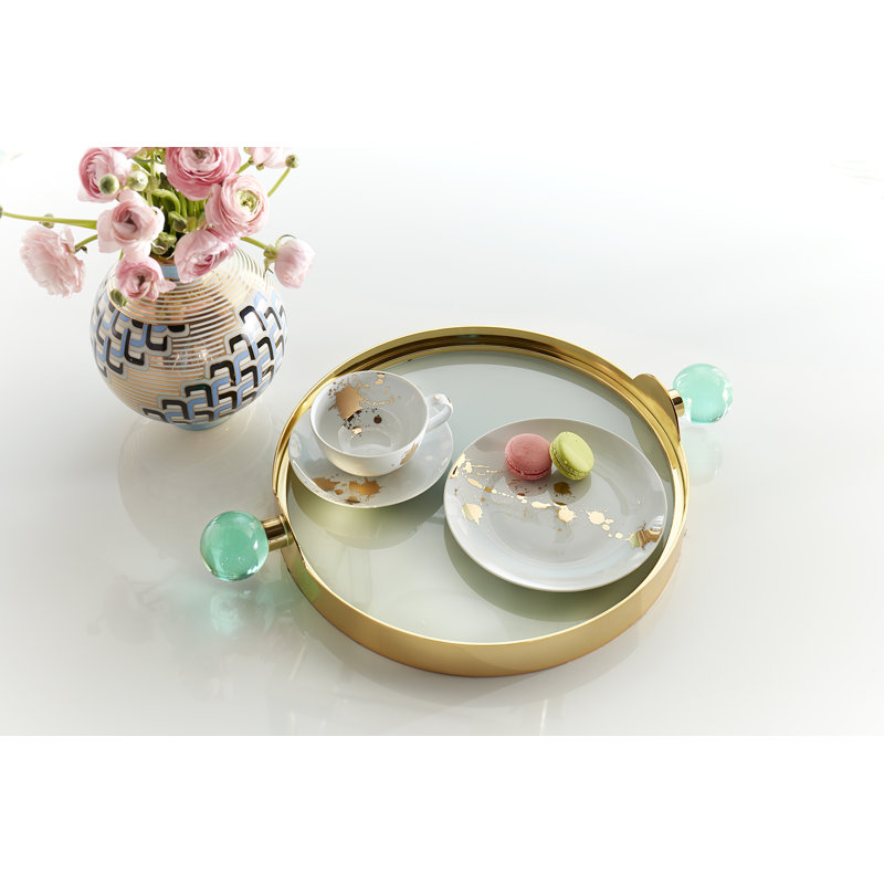 Round Glass and Brass Tray with Acrylic Handles