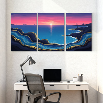 «Nautical & Beach Sunset Ocean Waves Golden Lines Coastline Sky Reflection», ensemble de 3 impressions sur toile