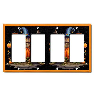 Metal Light Switch Plate Outlet Cover (Halloween Spooky Tree House Pumpkin - Quadruple Rocker)