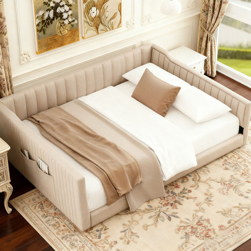 Upholstery Daybed and Side Storage pocket, Beige, Full/Double