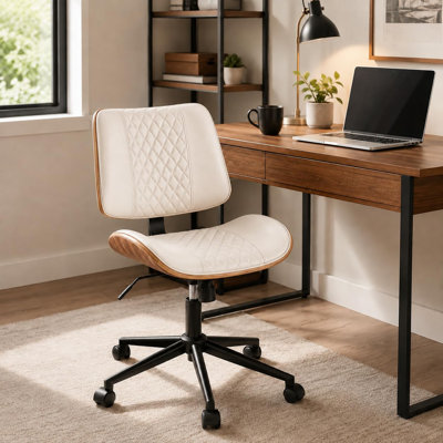 Chaise de bureau en similicuir, dossier mi-haut de style noyer, hauteur réglable, pivotante à 360°, sans accoudoirs, supporte jusqu'à 136 kg, blanche