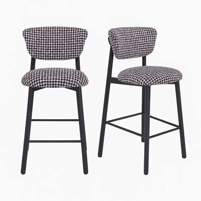 Set Of 2 Upholstered Counter Height Stools With Wood-look Metal Frame, Rolled Backrest, Woven Fabric by George Oliver
