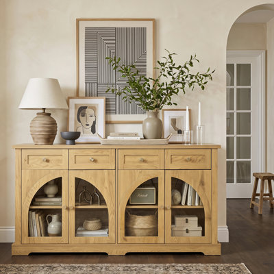 Buffet d'appoint rétro de 60 pouces avec 4 tiroirs et portes cintrées en verre