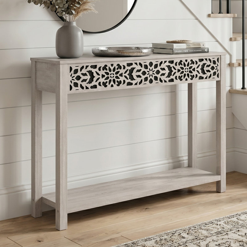 Chul 43.3" Traditional Console Table with Floral Fretwork and Open Shelf, Dusty Gray Oak