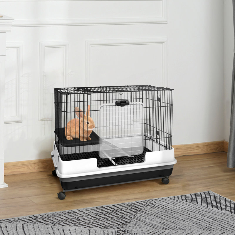 Cage à lapin à 2 niveaux avec roulettes, plateau amovible, plateforme et rampe pour lapin, chinchillas, furet, noir
