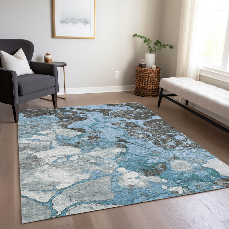 Tapis bleu intérieur / extérieur lavable à la machine Xhevrie, Rectangle 5 pi x 7 pi 6 po