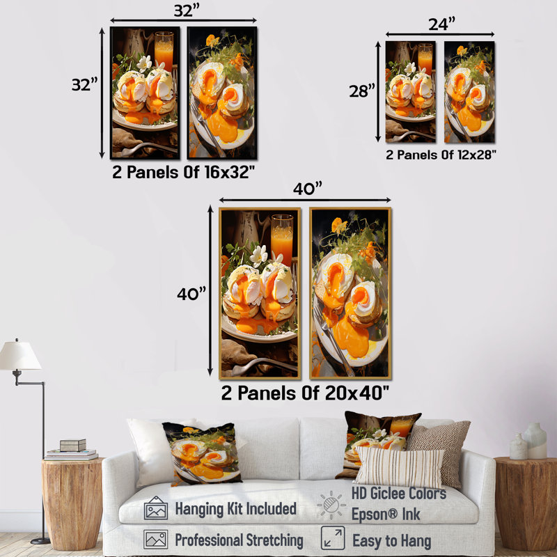 Benedict Eggs Breakfast - Petit déjeuner, ensemble de 2 reproductions d'art sur toile, H 28 po x l 25 po, Toile tendue