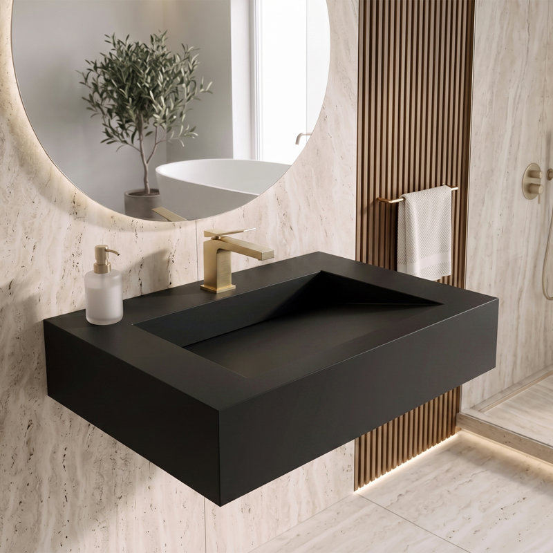 Lavabo de salle de bain mural rectangulaire à finition unie 30 po Pyramid, Noir, noir, noir, noir
