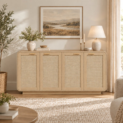 Buffet de rangement d'angle arrondi en rotin Wabi Sabi avec base intégrée pour salon, cuisine et salle à manger