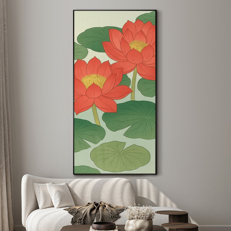 Très grande reproduction d'art sur toile - Fleurs de lotus rouges et feuilles vertes, décoration pour le salon ou la chambre à coucher - «Assemblage requis du cadre (cadre non fini)»