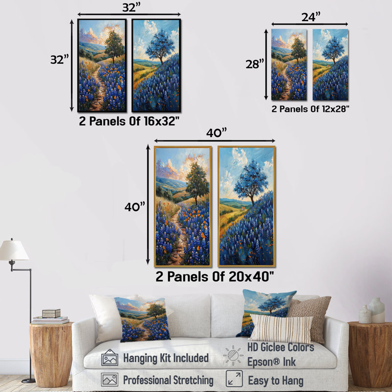 «Blue Green Meadow Charm Blue Bonnets III - Blue Bonnets», ensemble d'art 2 pièces, H 40 po x l 40 po