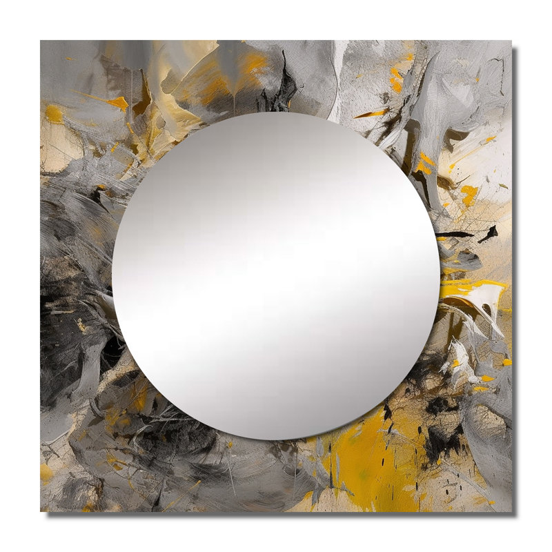 «Bliss Of Happiness» en gris et jaune I - miroir carré abstrait à collage, 23 po x 23 po