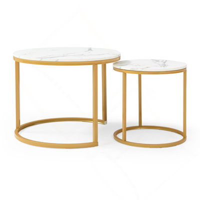 Set 2 Coffee Table Nesting White and gray top Golden Frame Circular Round and Marble Pattern Wooden Tables,Living Room Bedroom Apartment Modern Industrial Simple Nightstand