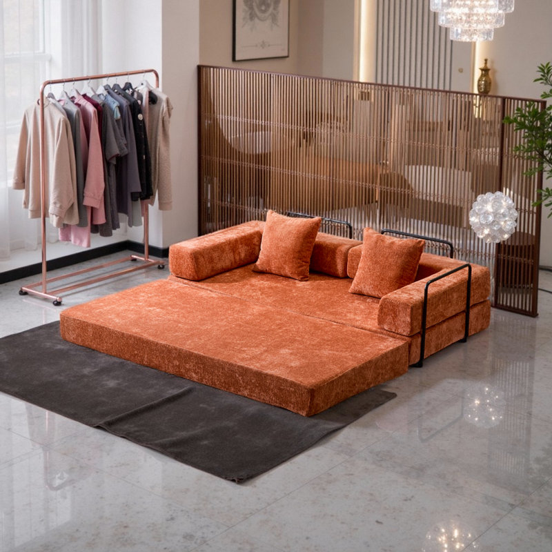 Canapé-lit futon convertible - Revêtement en chenille double mode avec rembourrage en mousse de qualité supérieure, Orange