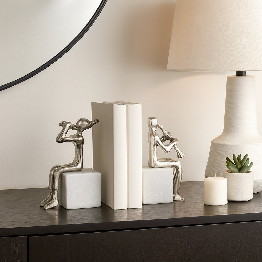 Siragan Decorative Metal Musicians on Marble Bases Bookends - Modern Artistic Book Ends for Bookshelf, Desk, or Home Decor - Set of 2, 8", Silver Orren Ellis