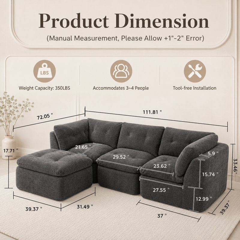 Canapé modulaire de 112 po avec repose-pieds, chenille, sans assemblage, gris, Gris