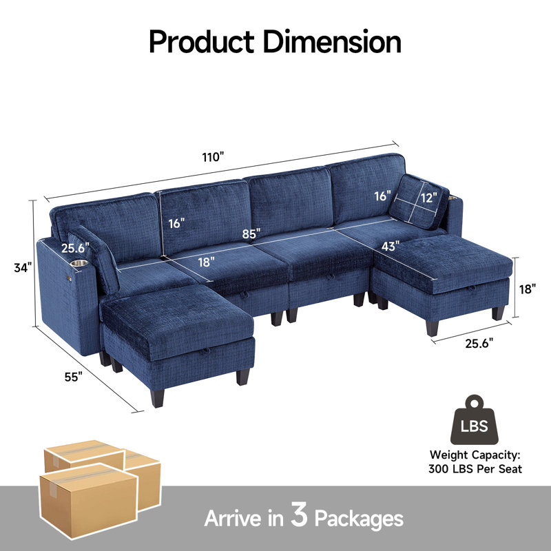 110" Blue Chenille U-Shaped Sectional Sofa with Storage and Cup Holder